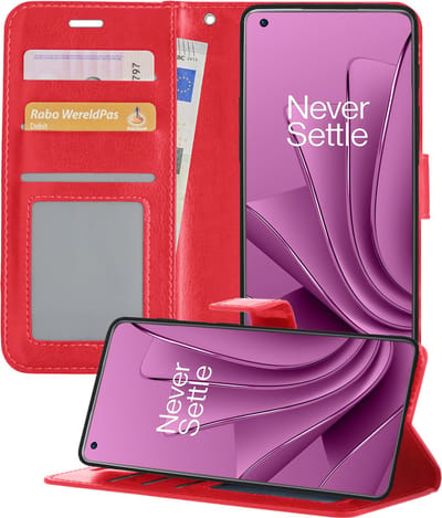 Hoesje - Met Pasjeshouder - Geschikt voor OnePlus 10 Pro - Luxe Bookcase Portemonee - Flip Case - Kunstleer Book Case - Flipcase - Book Cover - Walletcase - Portemonneehoes - Telefoonhoesjes - Rood