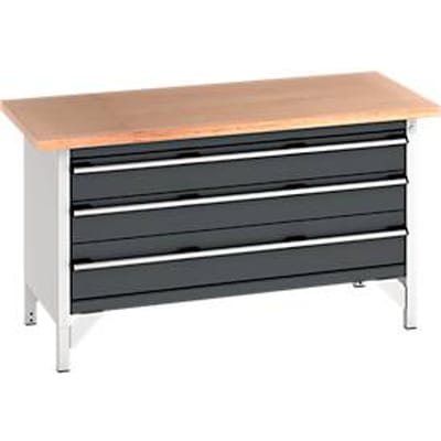 Bott cubio box-type werkbank, beuken multiplex plaat 40 mm, stalen frame, B 1500 x D 750 x H 840 mm, lichtgrijs/antraciet