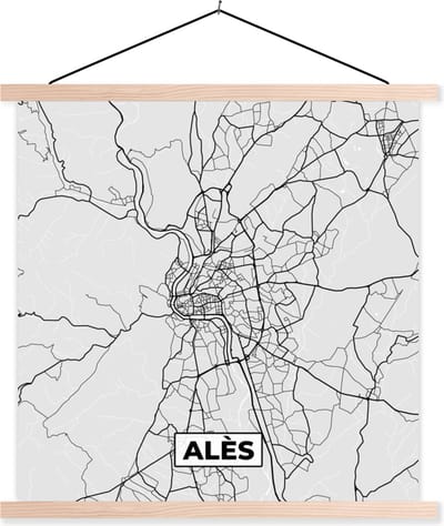Posterhanger incl. Poster 40x40 cm - Schoolplaat - Kaart – Stadskaart - Alès - Plattegrond – Frankrijk - Textielposter - Blanke latten - Stadskaart