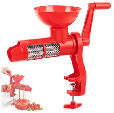 KADAX Handmatige tomatenpers, puree-molen van roestvrij staal en kunststof, tomatensapcentrifuge, puree-machine met handkruk, trechter, pureezeef, tafelklem