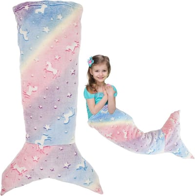 Kinder zeemeerminstaartdeken 100x50 cm lichtgevend ombre flanel zacht voor meisjes 3-6 jaar