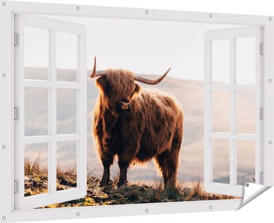 Gards Tuinposter Doorkijk Schotse Hooglander in de Heuvels van Schotland - 180x120 cm - Tuindoek - Tuindecoratie - Wanddecoratie buiten - Tuinschilderij