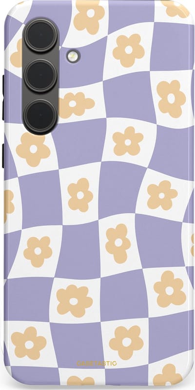 Casetastic hoesje geschikt voor Samsung Galaxy S24 Plus - Dubbellaagse bescherming - Kronkelende madeliefjes - Fashion Case - Lila Wit Zand Lichtgrijs