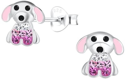 Joy|S - Zilveren hond oorbellen - zilver met roze oortjes en roze kristalletjes - 8 x 8 mm - kinderoorbellen