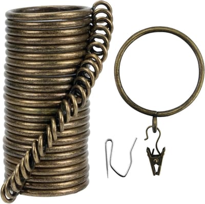 Gordijnringen en haakclip, 50 mm binnendiameter, complete set met gordijnstangringen, haken en clips, 25 stuks, gordijnringen voor twee standaard gordijnen, brons
