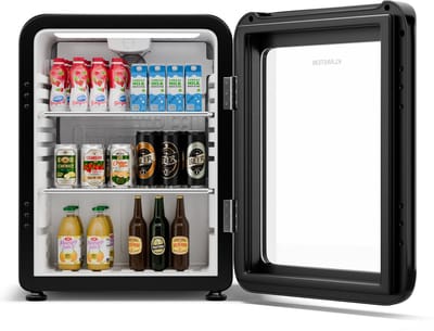 Klarstein Drankkoeler Audrey Evo Drankenkoelkast met glazen deur - 65 liter, retro design, ledverlichting, dubbelwandige deur, 0-10 °C, energieklasse C, verstelbare pootjes, zwart - Drankkoelkast - voor Bar - glas Thermostaat Compact