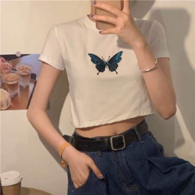 Nieuw Zomers Hoge Taille Navel-ontblot Kort Geborduurd Vlinder Korte Mouwen T-shirt voor Dames met Veelzijdige Slim Fit en Sexy XL