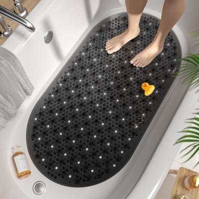 Ovale Badewannenmatte rutschfest, 68 x 38 cm Antirutschmatte voor badkuip, Wasmachinewasbaar douchmatte rutschfest met zuignoppen, BPA-vrij badmatte schimmelresistent, Zwart