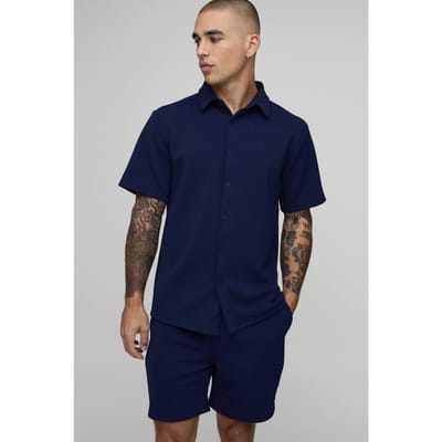 Short Sleeve Jersey Herringbone Shirt & Short Set | Navy | Size Large