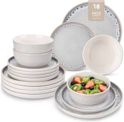 Serviesset - 6 Persoons Servies - Keramiek - Diner- en Dessertborden en Ontbijtkommen - 18-delige Set - Beige