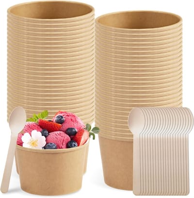 Set van 50 Duurzame Kartonnen IJsbekers van 240ml met Lepels - Composteerbare Papieren Snackbekers voor IJs, Desserts en Snacks