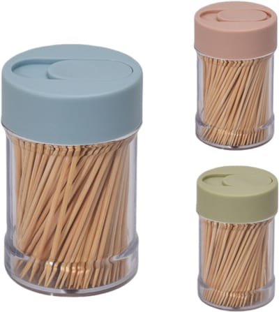 3-delige set - Dubbelzijdige fijne tandenstokjes + tandenstokjeshouder - Bamboe tandenstokjes - 300 tandenstokjes per set - 4,7*3,5*7,5 cm - Kleur willekeurig