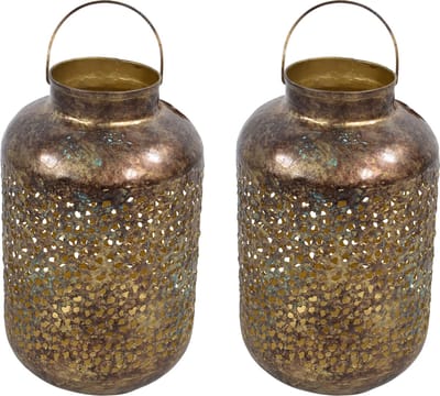 Lesi Living Lantaarn/windlicht - 2x - Oosterse stijl - goud - metaal - antieke uitstraling - 20 x 32 cm