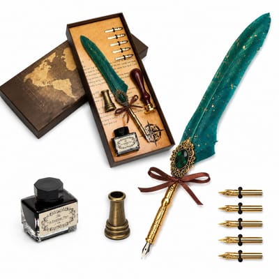 TEKROA® Kalligrafie Set - Kalligrafiepennen Set - Vintage VerenPen - 15 ml inktInkt & 5 Penpunten - Lakzegelstempel en -staafje - Groent