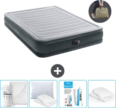 Intex Luchtbed - 2-Persoons - 152 x 203 x 33 cm - Grijs - Inclusief pomp - Hoeslaken - Kussen - Reparatieset en Kussenbeschermer