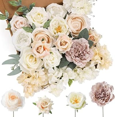 PromoHome Kunstbloemen Set Witte Bloemen Mix Zijden Bloemen Dahlia Rozen met Stengels voor DIY Bruiloft Bruidsboeketten, Baby Shower, Bloemstuk, Tafel Decoratie, Woondecoratie - 18 Delig