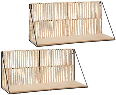 Atmosphera Wandplankje Tatra - 2x - zwart/beige - metaal/hout/papier - 48 x 12 x 20 cm - muur planken