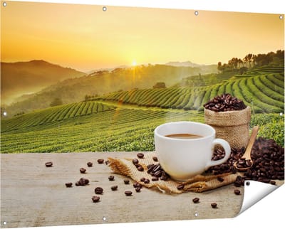 Gards Tuinposter Kopje Koffie op een Plantage Achtergrond6 - 150x100 cm - Tuindoek - Tuindecoratie - Wanddecoratie buiten - Tuinschilderij