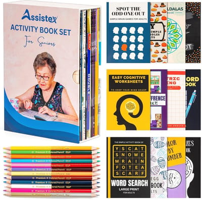 Grote bedrukte activiteitenboekenset voor senioren - Eenvoudige puzzels en woordboeken voor geheugenverlies