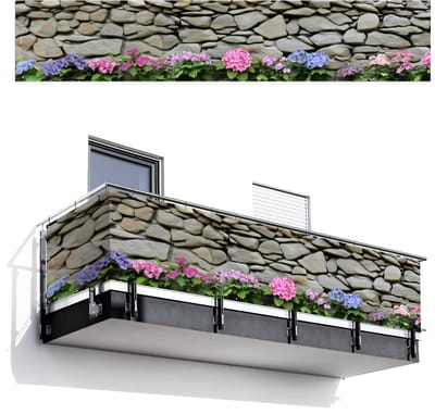 Balkonscherm 500x100 cm - Balkonposter Hortensiaâ€™s - Stenen - Muur - Bloemen - Balkon scherm decoratie - Balkonschermen - Balkondoek zonnescherm