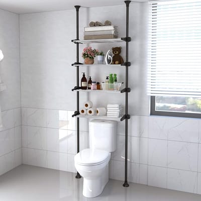 rek over toilet met 4-traps verstelbare planken, ruimtebesparend toilet dubbele spanstang, staand rek, badkamerrek, organizer, kleerhangers, stangen zonder boren, 295 x 58 x 25 cm, zwart