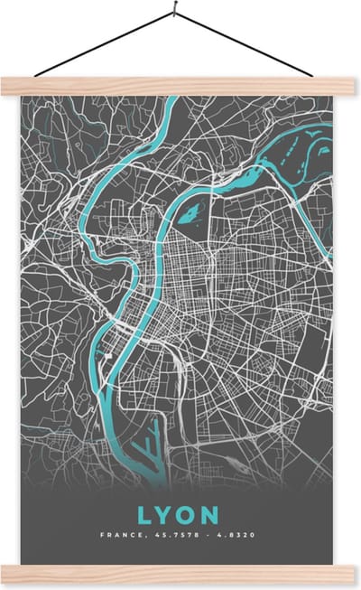 Posterhanger incl. Poster 40x60 cm - Schoolplaat - Lyon - Plattegrond - Kaart - Stadskaart - Frankrijk - Textielposter - Blanke latten - Stadskaart
