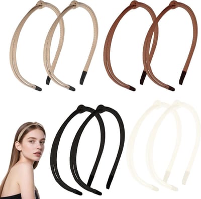 Dunne Leren Haarbanden Set voor Vrouwen - 8 Stuks in Zwart, Beige en Oranje - Elastische Accessoires voor Dagelijks Gebruik en Feestjes