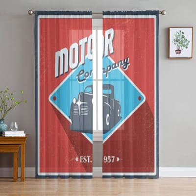 Vintage Garage Transparante Gordijnen voor Woonkamer Transparante Tule Raambekleding Slaapkamer Keuken Huisdecoratie Sluier Gordijnen 135W x 114H(cm) blue