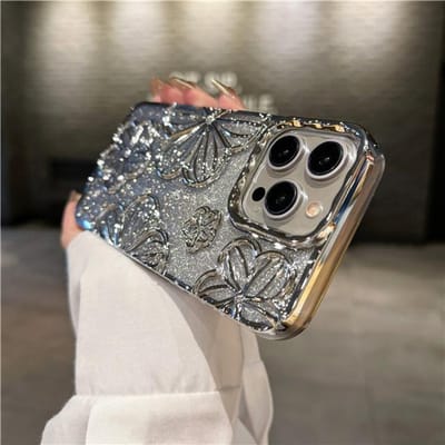 Pour iPhone 15 Pro Max Luxe Flash Paillettes Fleurs Placage Cadre Coque de Téléphone Pour iPhone 11 12 13 14 15 16 Housse de Protection Souple For iPhone 14 Plus gray