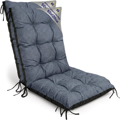 Tuinstoelkussens Hoge Rug Set: 2x 50x120 cm - Kussens voor Tuinstoelen & Standenstoel Terrasstoel Jeans Eco linnen Stoelkussens Tuin Zitkussen Extra Dik 10 cm met Bindlinten