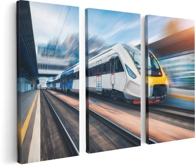 Artaza Canvas Schilderij Drieluik Trein bij het Station - 120x80 - Foto Op Canvas - Canvas Print