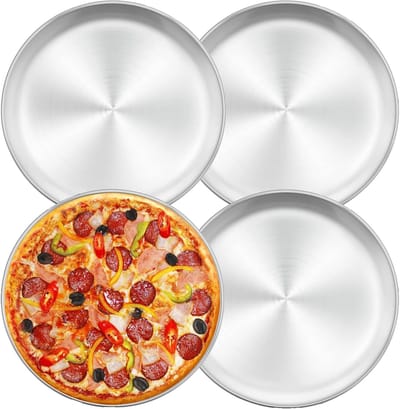 Set van 4 Ronde Pizza Schalen van RVS 30 cm voor Oven, Bakken, Serveren en Roosteren, Duurzaam en Vaatwasserbestendig