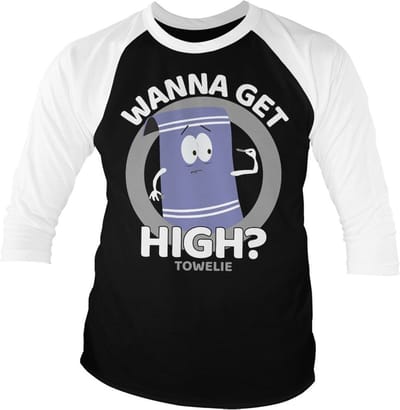South Park Towelie Wanna Get High- Base-ball T-shirt met 3/4-mouwen, wit-it-e-Black