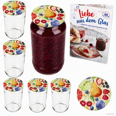 6-delige set ronde glazen 1062 ml To 82 Comic Fruit deksels incl. Diamant Gelierzauber receptenboekje