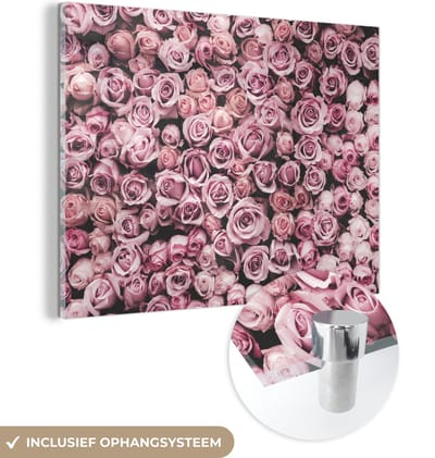 MuchoWow® Glasschilderij 40x30 cm - Schilderij acrylglas - Bloemen - Rozen - Natuur - Roze - Botanisch - Foto op glas - Schilderijen