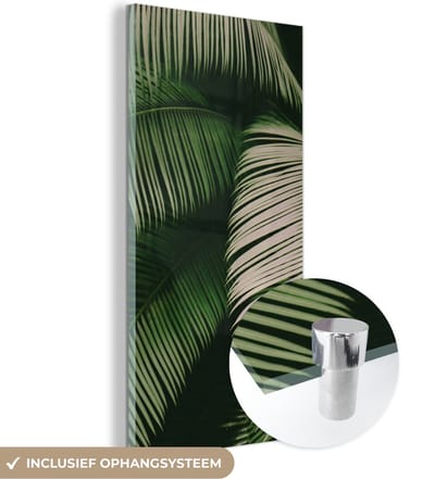 MuchoWow® Glasschilderij 20x40 cm - Schilderij acrylglas - Palmbladeren - Zomer - Tropisch - Foto op glas - Schilderijen