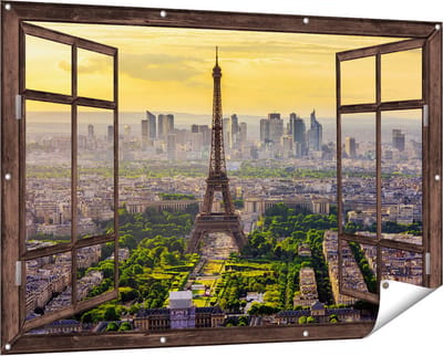 Gards Tuinposter Doorkijk Skyline van Parijs met de Eiffeltoren - 150x100 cm - Tuindoek - Tuindecoratie - Wanddecoratie buiten - Tuinschilderij