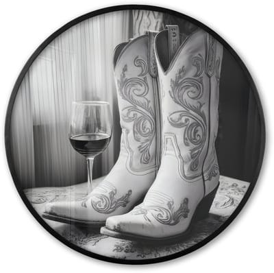 Poster in lijst Rond - Fotolijst 60x60 cm - Posters - Wijn - Cowboylaarzen - Raamlicht - Wit - Ronde posterlijst zwart - Decoratie - Wanddecoratie woonkamer - Muurdecoratie slaapkamer