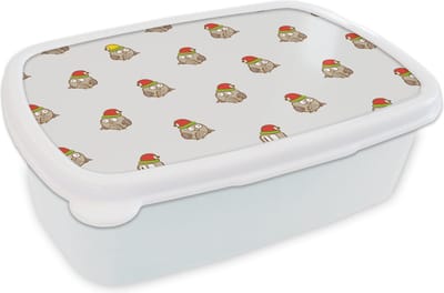 Broodtrommel Wit - Lunchbox - Brooddoos - Uil - Kerstmuts - Cartoon - Kind - Design - 18x12x6 cm - Volwassenen