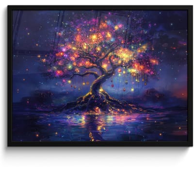 Poster in lijst - Fotolijst 80x60 cm - Posters - Kosmisch - lichtboom - Kerst - Kleurrijk - Posterlijst zwart - Decoratie - Wanddecoratie woonkamer - Muurdecoratie slaapkamer - Kerstversiering - Kerstdecoratie voor binnen - Kerstmis