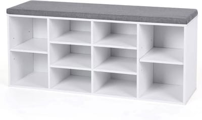 FurnStar - Schoenenbank Met Kussen - Opbergbank Met Gevoerde Zitting - Halbank Met 10 Compartimenten - Voor Slaapkamer - 104x30x48 cm - Wolkenwit En Duifgrijs