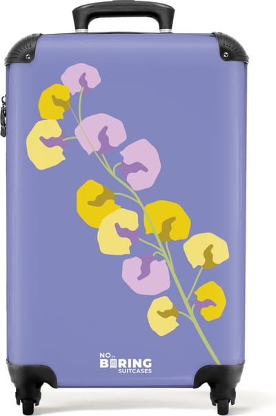NoBoringSuitcases.com® - Handbagage koffer lichtgewicht - Reiskoffer trolley - Paars met kleurrijke bloem - Rolkoffer met wieltjes - Past binnen 55x40x20 en 55x35x25