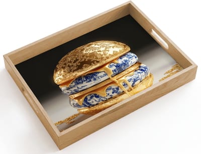 Dienblad hout 40x30 cm - Schootdienblad - Delftsblauw - Goud - Burger - Borrelplank rechthoek - Plateau dienbladen