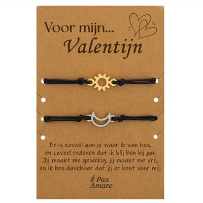 Koppel Armbandjes voor 2 "Voor Mijn Valentijn" - Zon & Maan - Vriendschapsarmbandjes met Persoonlijk Cadeau Kaartje - Zilverkleurig & Goudkleurig - Elastisch Verstelbaar - Pax Amare