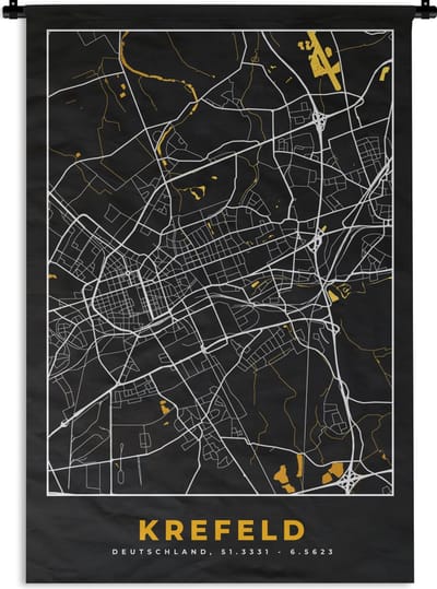 Wandkleed - Wanddoek - Krefeld - Goud - Stadskaart - Plattegrond - Kaart - Duitsland - 120x180 cm - Wandtapijt