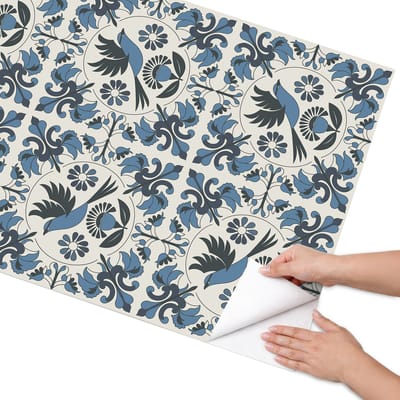 Coloray Meubel Wrap Folie - Beige Meubelfolie - 75x150 cm - Meubelfolie Zelfklevend Blauwe vogels - Wrapfolie Keuken - Rustiek Meubelfolie - Decoratiefolie - Tafeldecoratie - Bloemen en planten