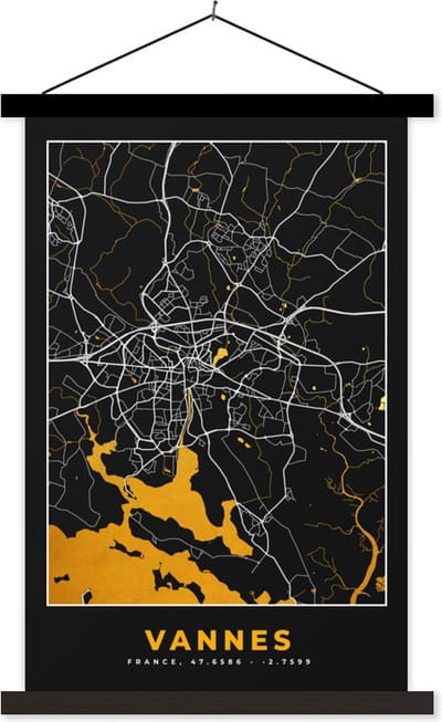 Posterhanger incl. Poster 40x60 cm - Schoolplaat - Vannes – Plattegrond – Frankrijk – Kaart – Stadskaart - Textielposter - Zwarte latten - Stadskaart
