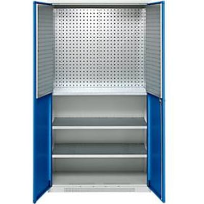 Schäfer Shop Genius materiaalkast FS, 5 OH, afsluitbaar, geperforeerde roosterwanden/3 legborden, tot 450 kg, B 1055 x D 520 x H 1950 mm, lichtgrijs/gentiaanblauw