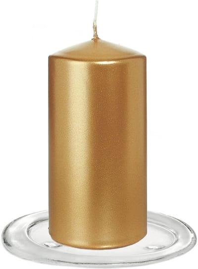 Trend Candles - Stompkaarsen met glazen onderzetters set van 2x stuks goud metallic 6 x 12 cm