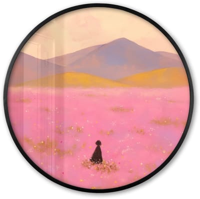 Poster in lijst Rond - Fotolijst 60x60 cm - Posters - Bloemenweide - Heuvels - Silhouet - Roze - Ronde posterlijst zwart - Decoratie - Wanddecoratie woonkamer - Muurdecoratie slaapkamer